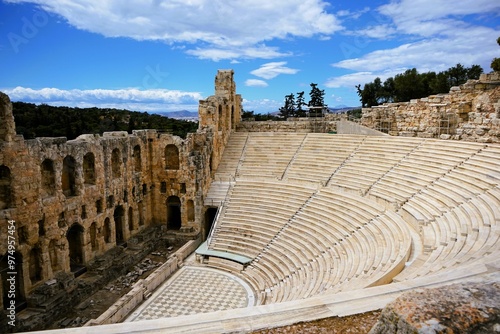 Odeon of Herodes Atticus in Athens on the Hill of the Acropolis, ancient greek amphitheatre made of marble, sightseeing and vacation in greece photo