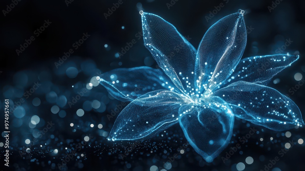 Glowing blue lines forming an abstract flower, with subtle bokeh lights and a dark background symbolizing motion and futuristic IT networks Glowing blue lines forming an abstract flower, with subtle bokeh lights and a dark background symbolizing motion and futuristic IT networks
