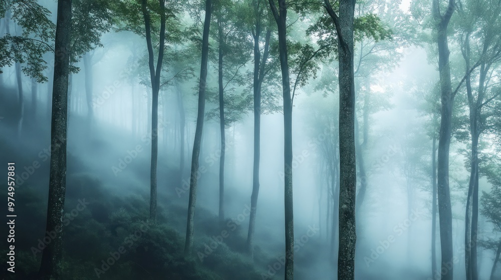 A Misty Forest with Tall Trees and Foggy Atmosphere A Misty Forest with Tall Trees and Foggy Atmosphere