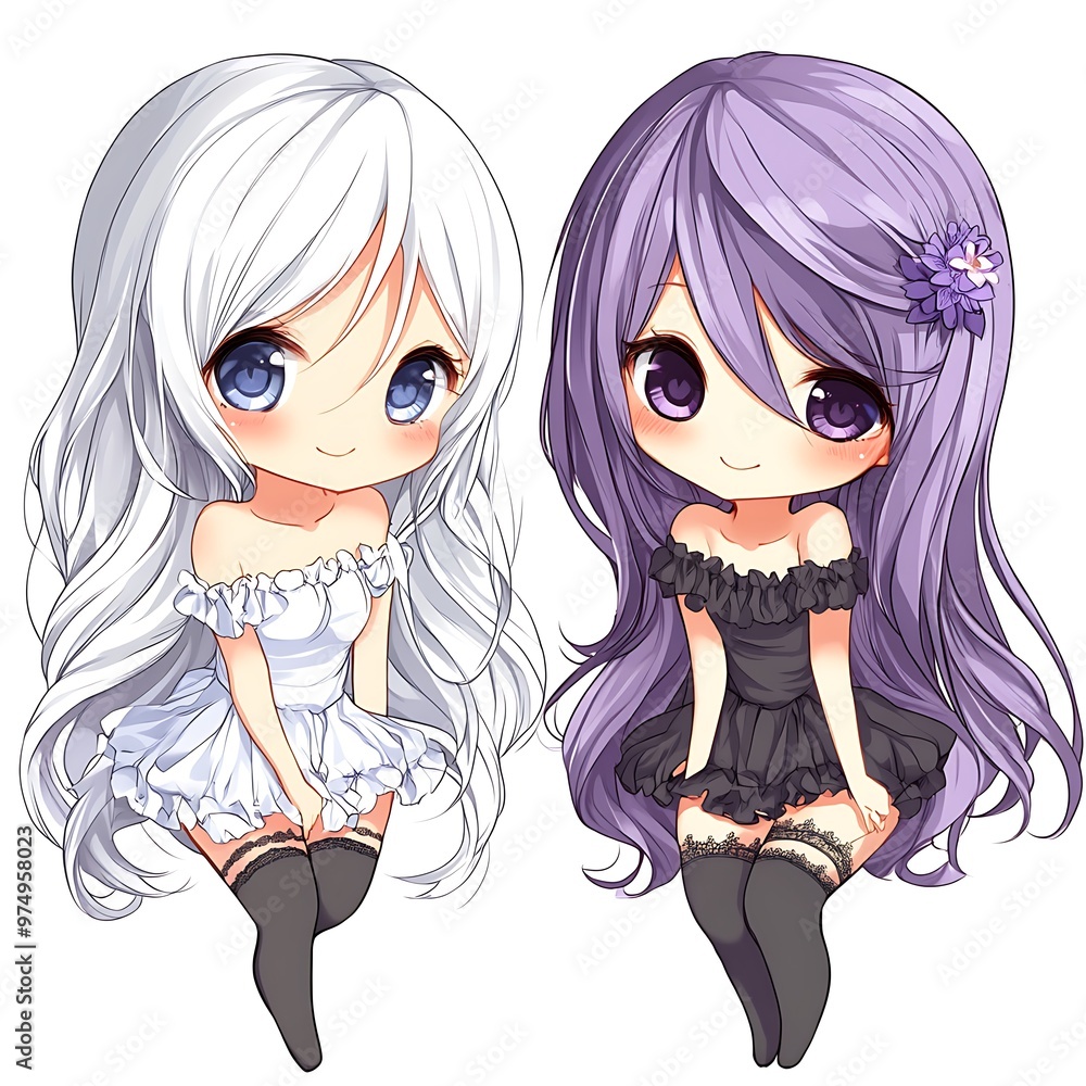 Cute anime girls with long white and purple hair sitting together. Kawaii friends illustration. Cute anime girls with long white and purple hair sitting together. Kawaii friends illustration.
