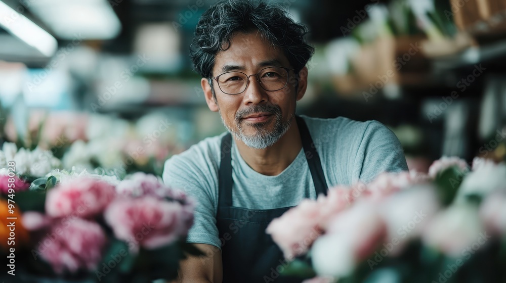 A smiling florist wearing glasses stands surrounded by a myriad of vibrant flowers, showcasing his love for blooms and the beauty of natural creativity. A smiling florist wearing glasses stands surrounded by a myriad of vibrant flowers, showcasing his love for blooms and the beauty of natural creativity.
