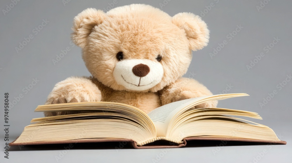 A fluffy teddy bear sits upright, engrossed in reading an open book. The soft grey backdrop enhances the warm, inviting atmosphere of this charming moment. A fluffy teddy bear sits upright, engrossed in reading an open book. The soft grey backdrop enhances the warm, inviting atmosphere of this charming moment.