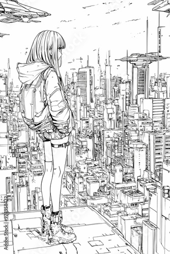 simple cyberpunk anime girl coloring book thick outlines illustration for kids in black and white