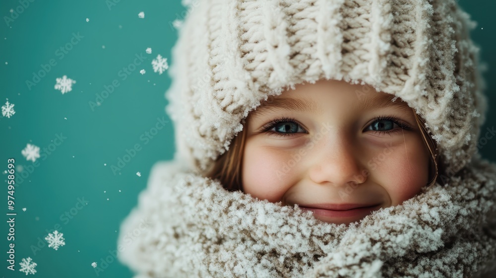 A cheerful child wrapped in a cozy scarf stands in a winter wonderland surrounded by gently falling snowflakes, highlighting the pure joy and innocence of youth. A cheerful child wrapped in a cozy scarf stands in a winter wonderland surrounded by gently falling snowflakes, highlighting the pure joy and innocence of youth.