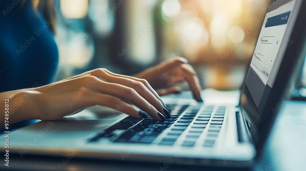 Woman Typing on Laptop with Login Screen Visible Woman Typing on Laptop with Login Screen Visible