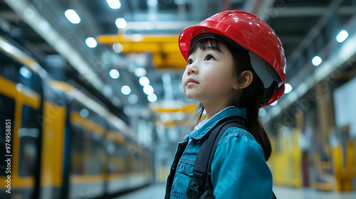 A child visits a huge tram factory. A Japanese-looking elementary school student stands in the middle to visit the huge scene. Close-up shot, wearing a red helmet  photo