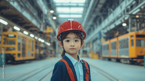 A child visits a huge tram factory. A Japanese-looking elementary school student stands in the middle to visit the huge scene. Close-up shot, wearing a red helmet  photo