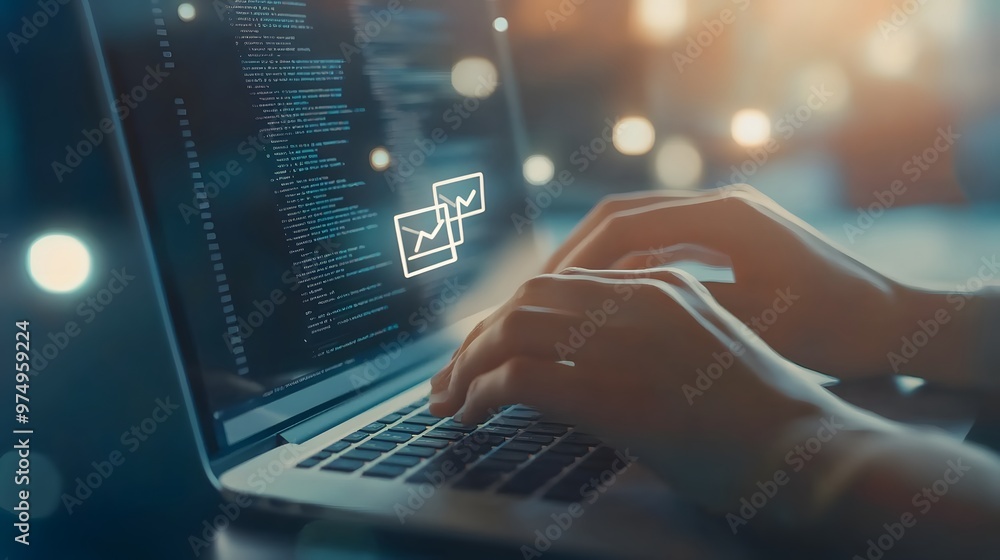 Person Using Laptop with Email Icon and Code on Screen Person Using Laptop with Email Icon and Code on Screen