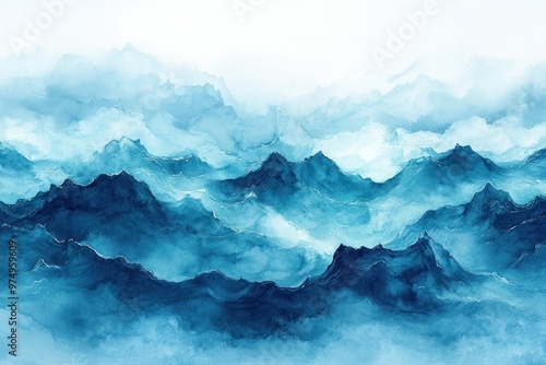 Abstract Watercolor Mountains in Blue Hues