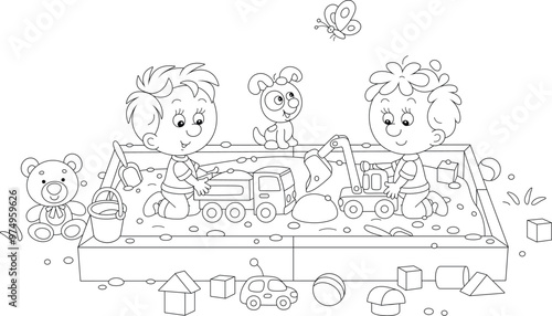 Happy little boys friendly talking, romping and playing with their toys in a sandbox on a playground in a park, black and white vector cartoon illustration for a coloring book