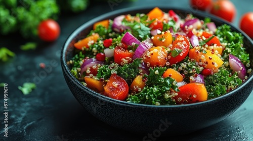 Quinoa and Kale Salad with Red Onion, Peppers, and Tomatoes