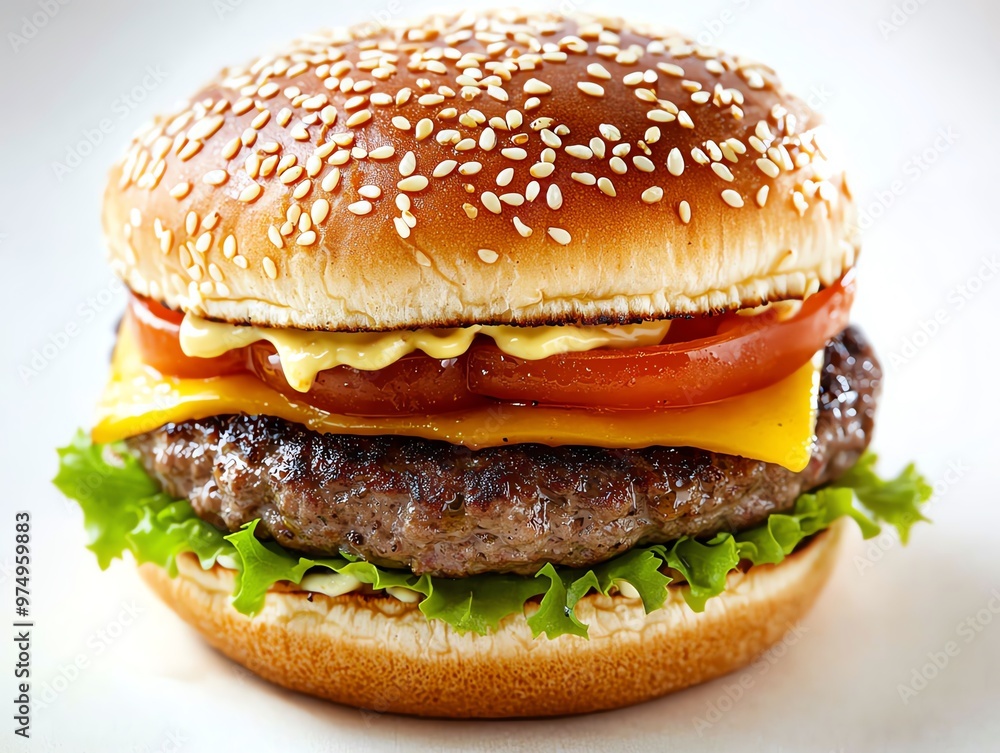 Close-up of a classic cheeseburger with lettuce, tomato, and cheese. Close-up of a classic cheeseburger with lettuce, tomato, and cheese.