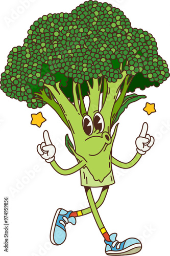 Cartoon groovy broccoli cabbage vegetable character, vector retro comic. Groovy funky broccoli with happy smile on face and whistling melody with good vibes gesture and stars for groovy food emoji