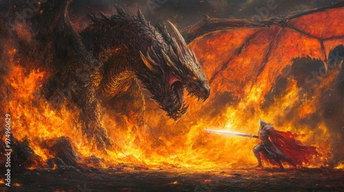 A Fiery Confrontation Between a Dragon and a Knight photo