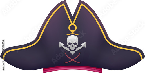 Cartoon pirate hat, corsair captain tricorn. Vector seafarer headdress with jolly roger skull and anchor emblem. Isolated buccaneer cocked hat, headgear, sailor cap. Filibuster piracy party costume