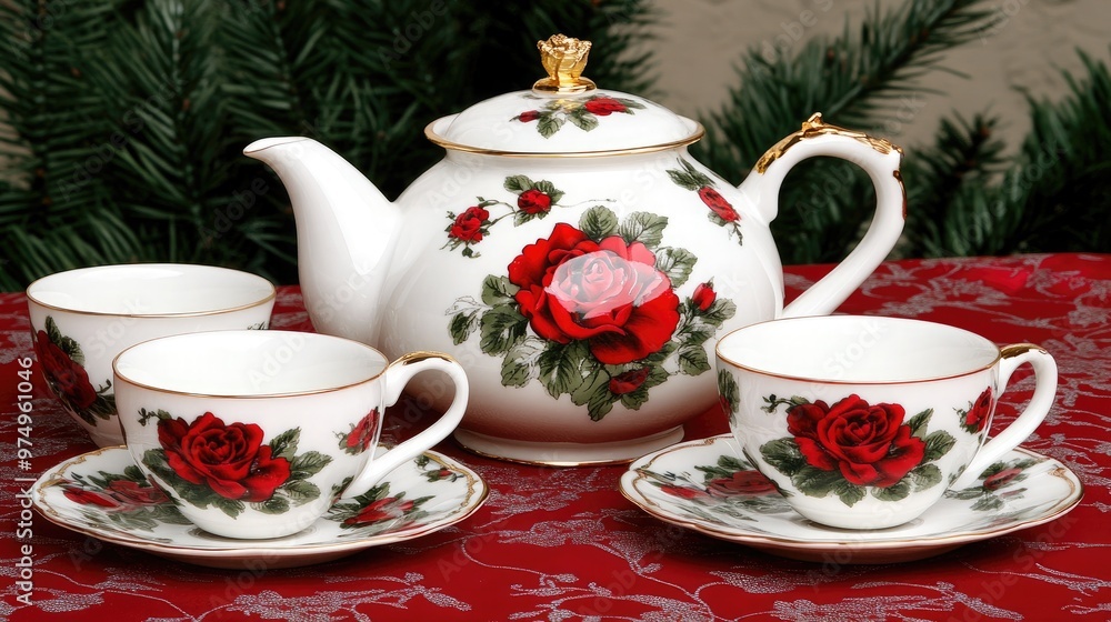 Fototapeta premium A delicate teapot adorned with floral designs and gold trimmings is presented with matching cups and saucers, ideal for an elegant afternoon tea gathering