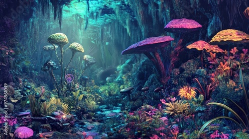 Fototapeta Naklejka Na Ścianę i Meble -  A surreal, vibrant jungle scene with glowing mushrooms and a rocky path.