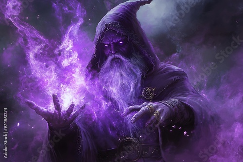 Fantasy wizard casting purple magic spell, dark magical energy in hand, sorcerer mystical powers, game design element