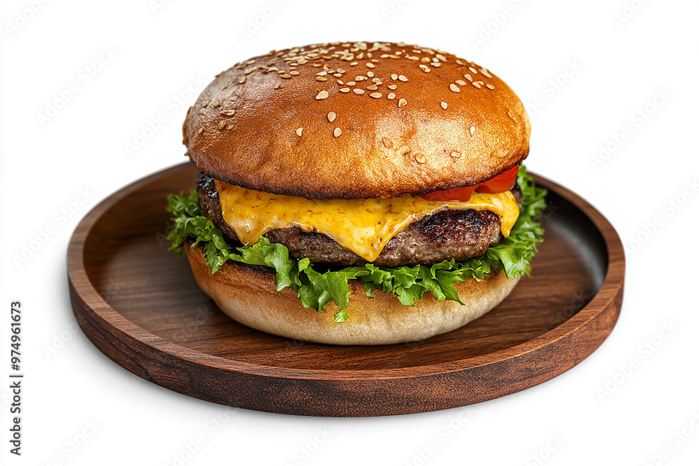a burger with cheddar cheese, and lettuce on wooden holder against a white background