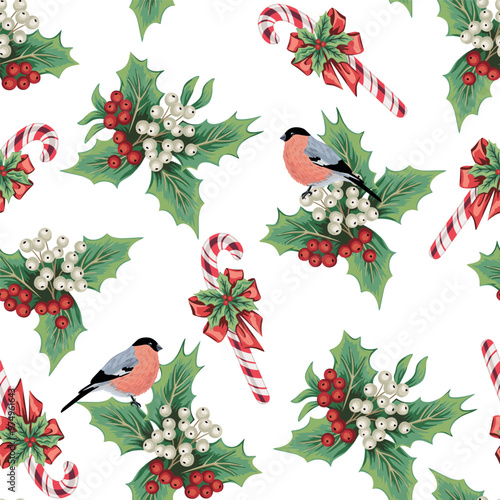 Christmas mistletoe, bullfinch and candy cane seamless pattern. Winter holiday wallpaper.