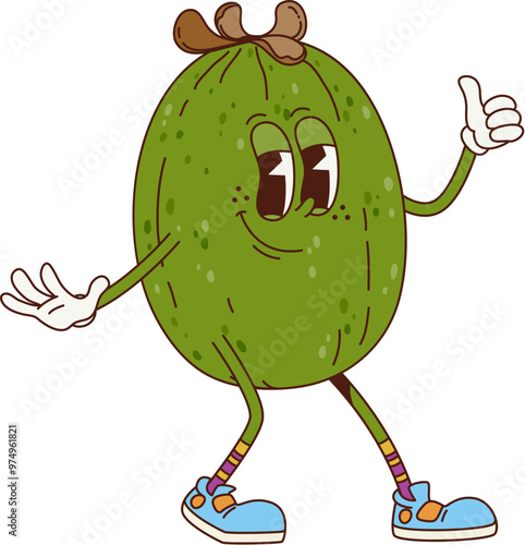Cartoon retro groovy feijoa fruit character cheerfully smiling with happy expression and thumbs-up. Isolated vector funny tropical fruit personage exudes happiness and playfulness in hippie style