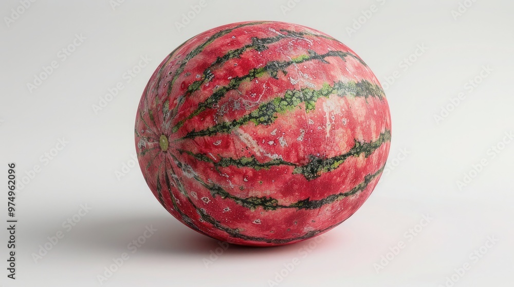 Fototapeta premium Juicy Whole Watermelon on White Background - Fresh and Refreshing Fruit for Summer Treats and Snacks