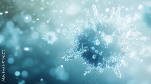 Highly detailed virus cell under a microscope, floating in a light, tech-inspired environment, soft blur background, blue and white tones, advanced scientific imagery