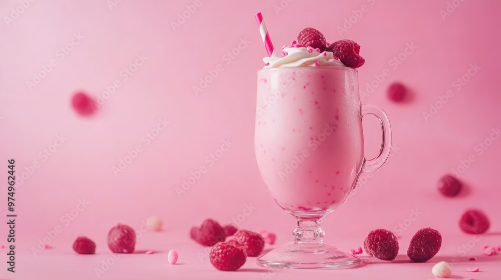 A whimsical smoothie features playful legs and handles, set against a vibrant pink backdrop, with crushed raspberries and sprinkles scattered around A whimsical smoothie features playful legs and handles, set against a vibrant pink backdrop, with crushed raspberries and sprinkles scattered around