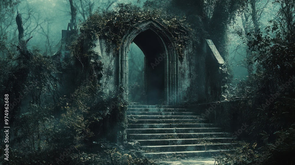 Stone Archway and Steps Leading into a Mysterious Forest Stone Archway and Steps Leading into a Mysterious Forest