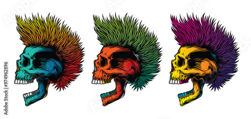 A skull with an open mouth and a punk rock hairstyle. T-shirt design, stickers, print.