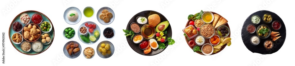 Assortment of food isolated on a white background, top view Assortment of food isolated on a white background, top view