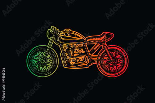 Cafe racer custom motorcycle. Original vector illustration in vintage style isolated on black background. T-shirt design.