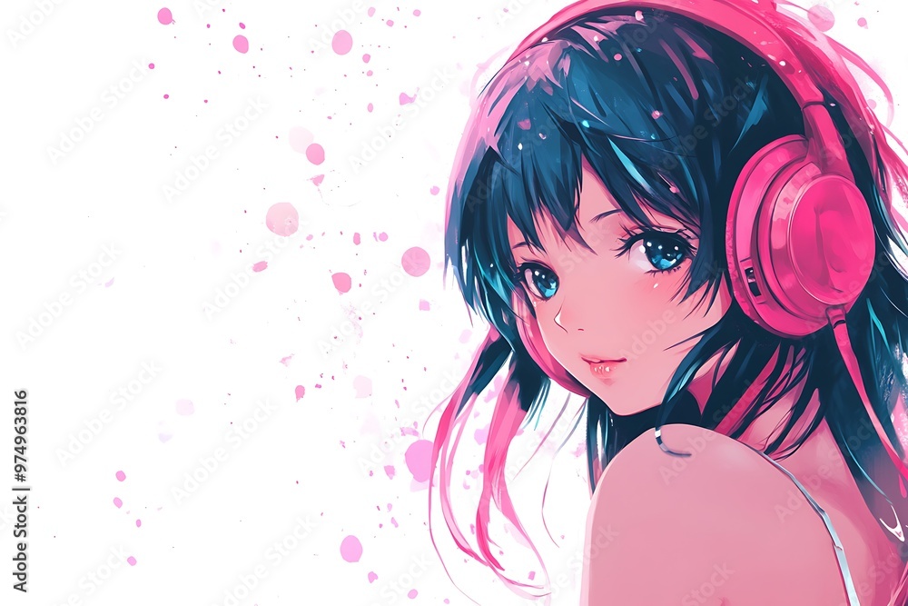 Anime Girl with Pink Headphones and Green Hair, Watercolor Background Anime Girl with Pink Headphones and Green Hair, Watercolor Background