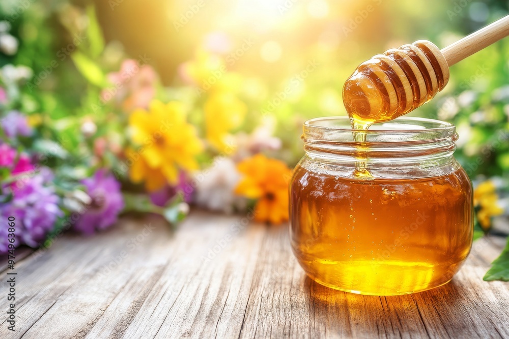 Honey Jar in Blooming Garden: Nature's Sweet Delight Honey Jar in Blooming Garden: Nature's Sweet Delight