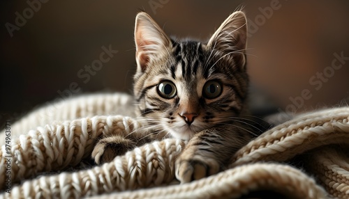 Adorable Cat Relaxing on Cozy Blanket, Perfect Portrait for Cat Lovers photo