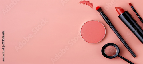 top view of makeup products against a pale pink backdrop