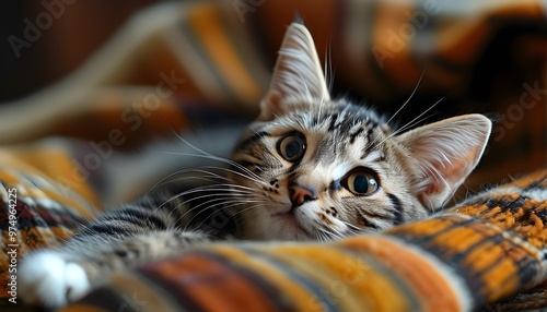 Adorable Cat Relaxing on Cozy Blanket, Perfect Portrait for Cat Lovers photo