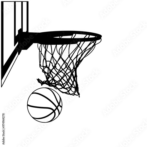 BASKETBALL SWISH Score, Orange Ball through a net, hoop rim, single line drawing, illustration, basket logo, Perfect for logos, cutting, printing, embroidery, SVG vector file