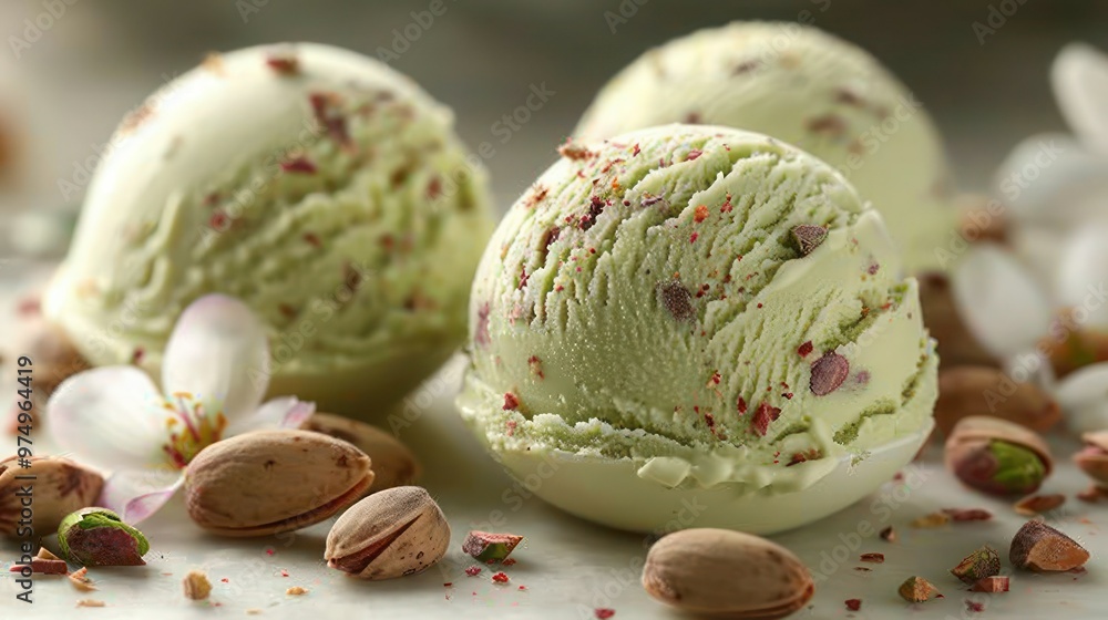 Pistachio Ice Cream Scoop with Nuts on White Background - Delicious Dessert Treat Pistachio Ice Cream Scoop with Nuts on White Background - Delicious Dessert Treat