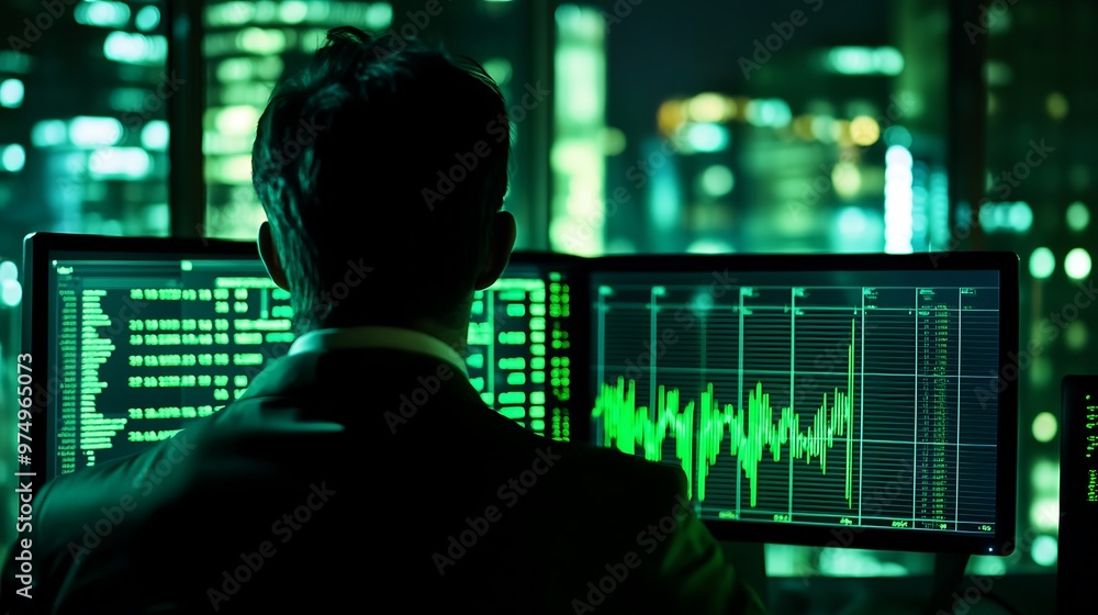 Silhouette of hacker or stockbroker working on computer at night in city skyline with green glow Silhouette of hacker or stockbroker working on computer at night in city skyline with green glow