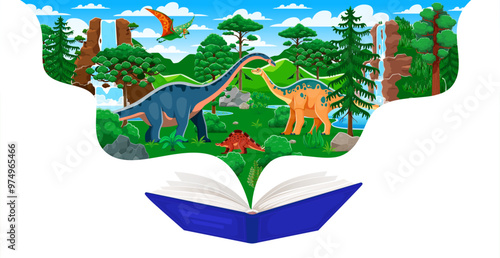 School textbook with prehistoric dinosaurs at Jurassic era landscape. Vector storytelling frame with dino species emerge from the pages of an open book. Imaginative adventure and discovery story