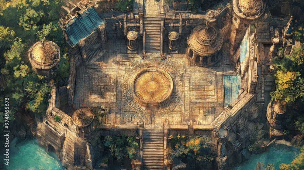 Aerial View of Ancient Stone Complex Surrounded by Lush Greenery