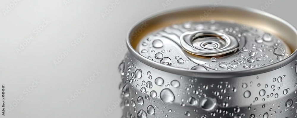 A close-up of a metallic beverage can covered in fresh water droplets, emphasizing coolness and refreshment. A close-up of a metallic beverage can covered in fresh water droplets, emphasizing coolness and refreshment.