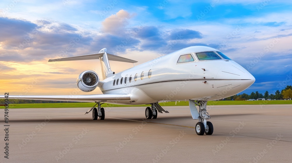 A private jet is parked on the tarmac, showcasing its sleek nose and powerful engine as the sun sets, illuminating the sky with vivid orange clouds and soft blue hues A private jet is parked on the tarmac, showcasing its sleek nose and powerful engine as the sun sets, illuminating the sky with vivid orange clouds and soft blue hues