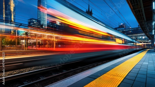 A train speeding through a station, with blurred motion and long exposure, electric energy, the scene features red and yellow lights, with the city center in the background