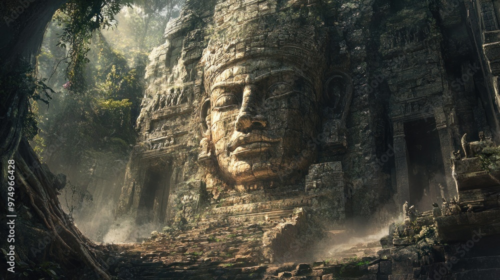 Ancient Stone Temple with Carved Face and Jungle Overgrowth Ancient Stone Temple with Carved Face and Jungle Overgrowth