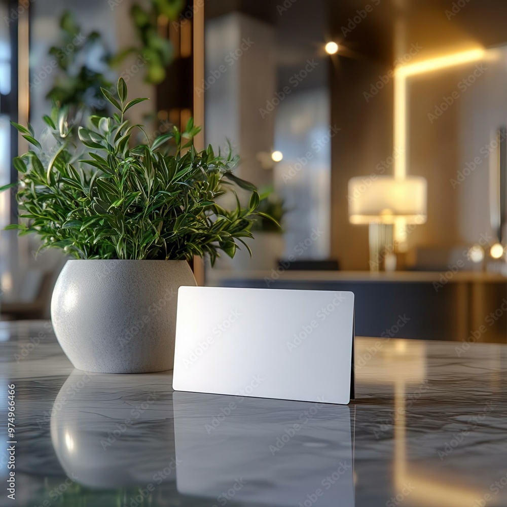 A sleek white card on a polished marble surface beside a modern decorative plant in a stylish interior setting. A sleek white card on a polished marble surface beside a modern decorative plant in a stylish interior setting.