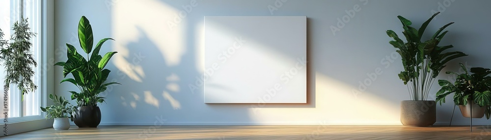 Bright and modern interior featuring a blank canvas and lush plants, perfect for creative inspiration and relaxation. Bright and modern interior featuring a blank canvas and lush plants, perfect for creative inspiration and relaxation.