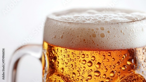 Close-up of a frothy beer mug with bubbles and condensation, perfect for beverage-related content and promotions. photo