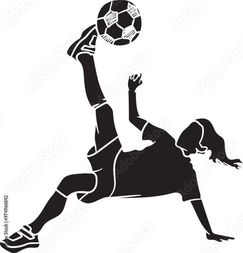 Silhouette of a girl practising a football somersault. Silhouette of a sporty boy kicking the ball by jumping.